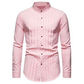 

Pleated Casual Shirt Plain Color Long Sleeve Stand Collar Button-up Shirt, Pink