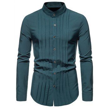 Pleated Casual Shirt Plain Color Long Sleeve Stand Collar Button-up Shirt