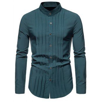 

Pleated Casual Shirt Plain Color Long Sleeve Stand Collar Button-up Shirt, Dark green