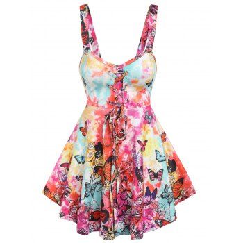 

Summer Vacation Tie Dye Tank Top Lace Up Colorful Butterfly Print Skirted Cami Top, Multicolor