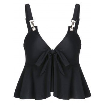 

Plain Color Swimsuit Top Ruffle Bowknot Adjustable Strap V Neck Tankini Swimwear Top, Black