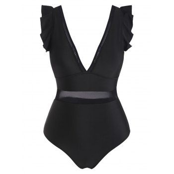 

Plus Size Plunging V Neck Swimwear Ruffle Mesh One-piece Swimsuit, Black