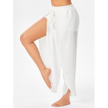

Solid Color Tassel Slit Wide Leg Long Pants and Elastic Waist Shorts Two Piece Set, White