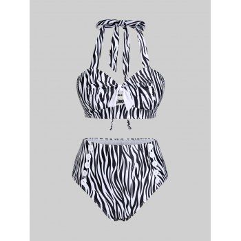 

Plus Szie Padded Zebra Stripe Cutout Lace Up Bikini Swimsuit, Black