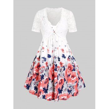 

Plus Size Floral A Line Sundress with Tie Lace Top, White