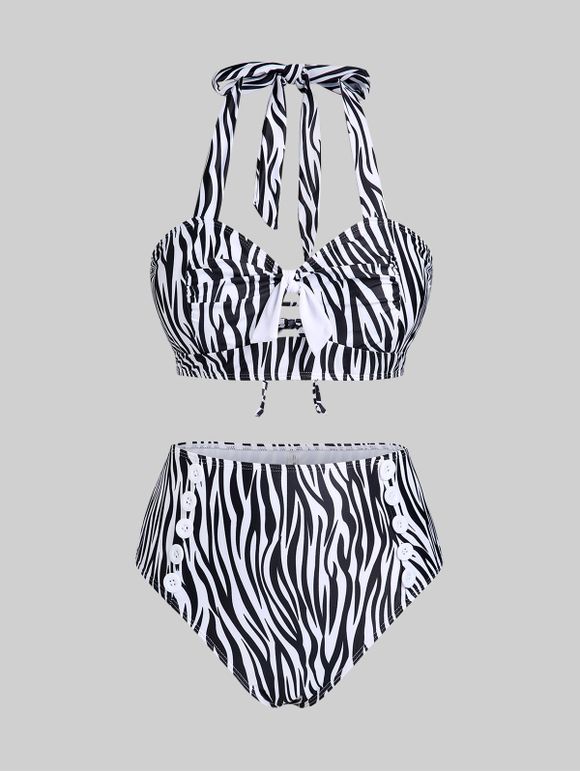 Maillot de Bain Bikini Découpé Rayé Zèbre de Grande Taille à Lacets - Noir 5X