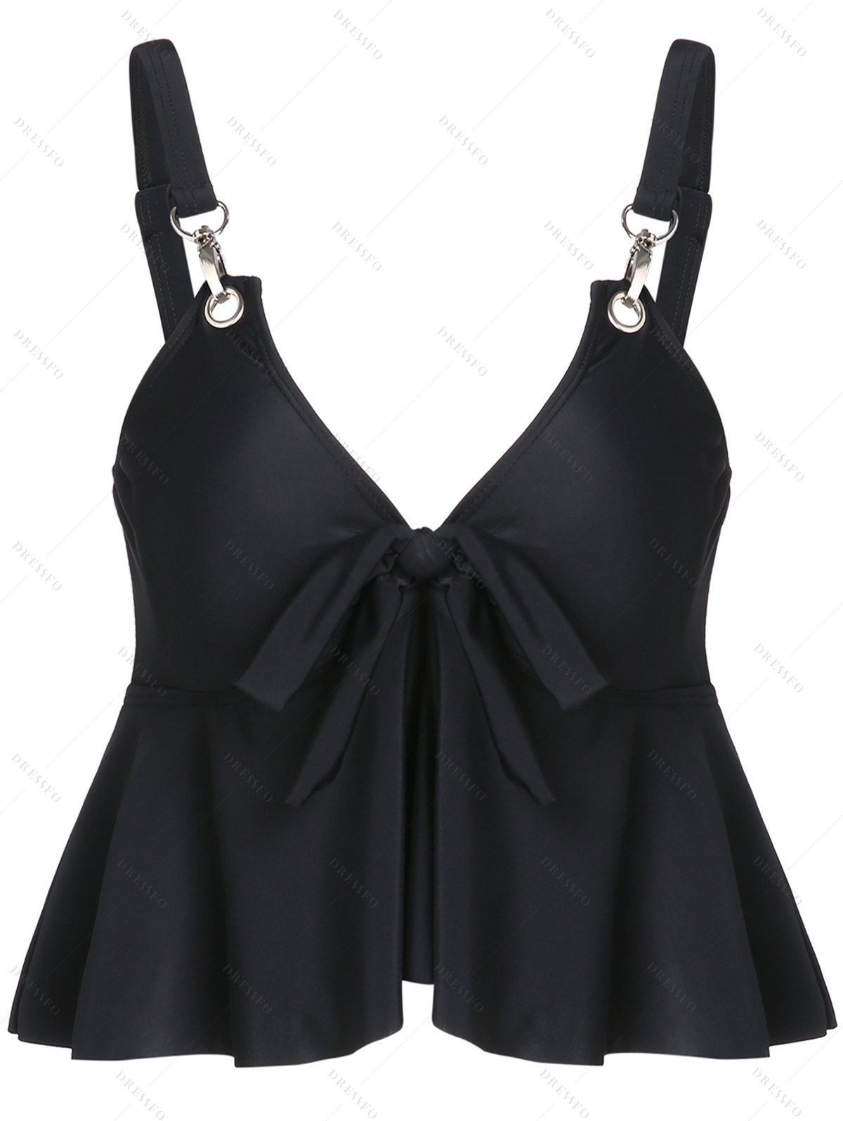 Plain Color Swimsuit Top Ruffle Bowknot Adjustable Strap V Neck Tankini Swimwear Top - BLACK M