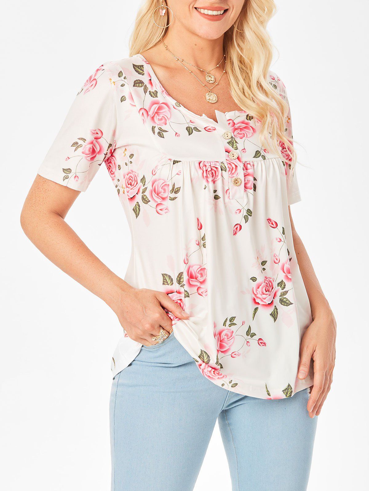 Floral Print Ruched Button Scoop Neck T Shirt - WHITE M