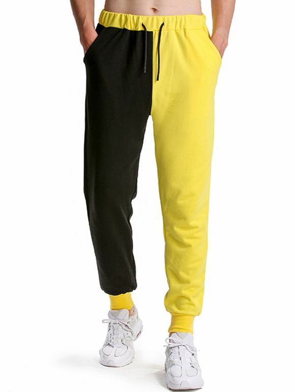 Pantalon de Jogging de Sport Bicolore Contrasté Taille Elastique à Cordon - Jaune XXXL