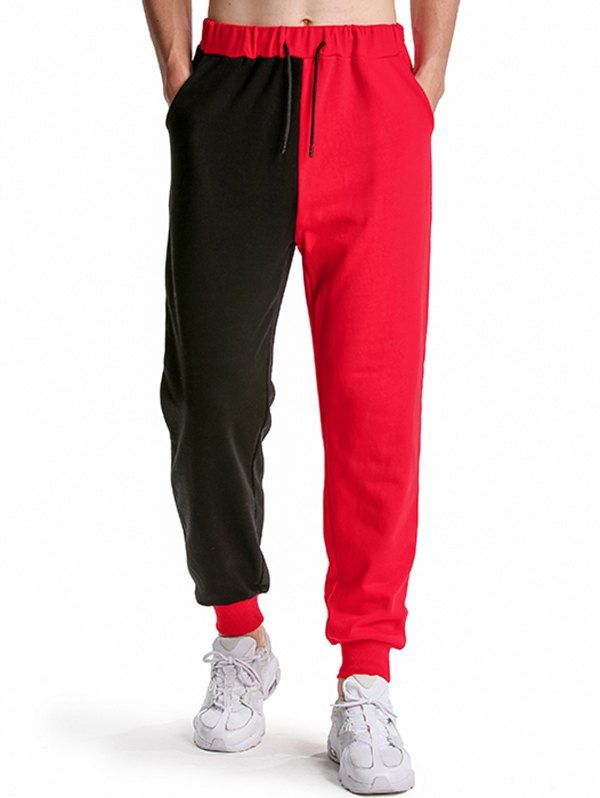 Pantalon de Jogging de Sport Bicolore Contrasté Taille Elastique à Cordon - Rouge M