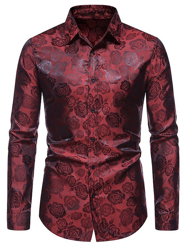 Vintage Rose Flower Shirt Long Sleeve Button Up Slim Fit Casual Shirt - RED WINE M