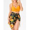 Beach Tankini Swimwear Sunflower Print Bowknot Underwire Push Up Multiway Three Piece Swimsuit - LIGHT ORANGE XXL