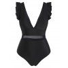 Plus Size Plunging V Neck Swimwear Ruffle Mesh One-piece Swimsuit - BLACK 2XL