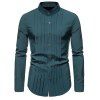 Pleated Casual Shirt Plain Color Long Sleeve Stand Collar Button-up Shirt - DARK GREEN L