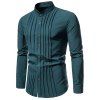 Pleated Casual Shirt Plain Color Long Sleeve Stand Collar Button-up Shirt - DARK GREEN M