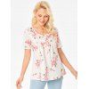 Floral Print Ruched Button Scoop Neck T Shirt - WHITE M