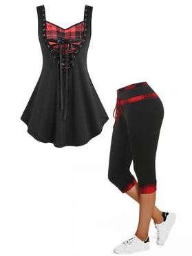Plaid Grommet Lace Up Gothic Tank Top And High Waisted Tartan Skinny Capri Pants Summer Outfit
