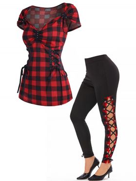Checkerboard Print Corset Style T Shirt And Lace Up Plaid High Rise Pants Outfit