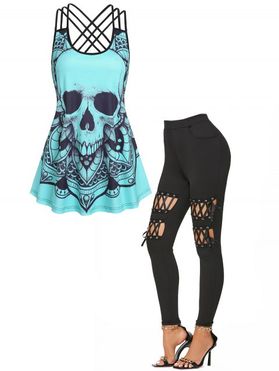 Skull Floral Print Crisscross Strappy Gothic Tank Top Lace Up Cut Out Grommet High Waisted Skinny Leggings Casual Summer Outfit