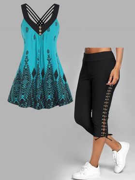 Straps Criss Cross Printed Mock Button Bohemian Tank Top and Plain Color Lace Up Skinny Crop Leggings Casual Summer Outfit