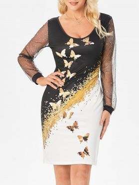 Contrast Metallic Butterfly Print Mini Dress Sheer Glitter Mesh Long Sleeve Sheath Dress