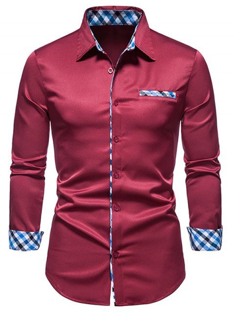 Formal Shirt Plaid Insert Turn Down Collar Mock Pockets Long Sleeves Button-up Shirt