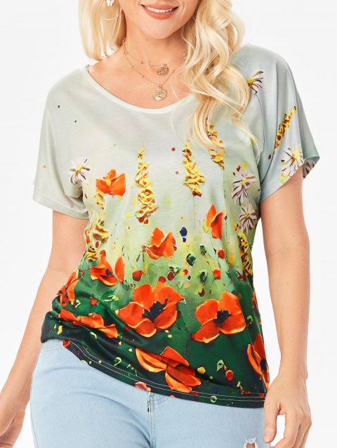 Floral Print Ombre Casual Dolman Sleeve T-shirt