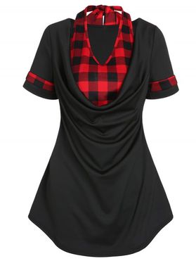Plaid 2 In 1 T Shirt Cowl Neck Bowknot Halter Short Sleeve Twofer Tee