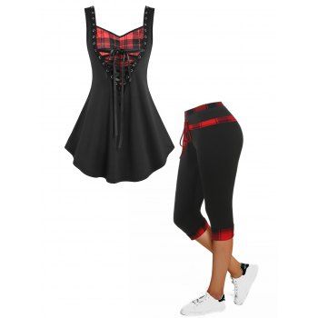 

Plaid Grommet Lace Up Gothic Tank Top And High Waisted Tartan Skinny Capri Pants Summer Outfit, Black