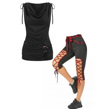 

Cowl Neck Cinched Tie O Ring Gothic Tank Top And Plaid Lace Up Capri Leggings Outfit, Black