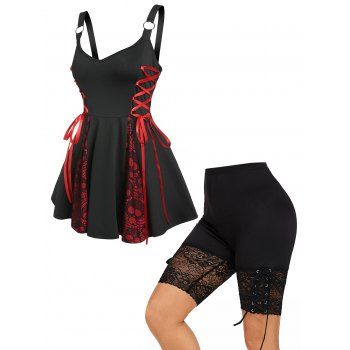 

Lace Up O Ring Skull Lace Panel Gothic Tank Top And Floral Lace Short Leggings Outfit, Black
