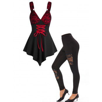 

Skull Lace Insert Lace-up Pointed Hem Tank Top and Skull Lace Insert Rivet Skinny Pants Gothic Summer Outfit, Black
