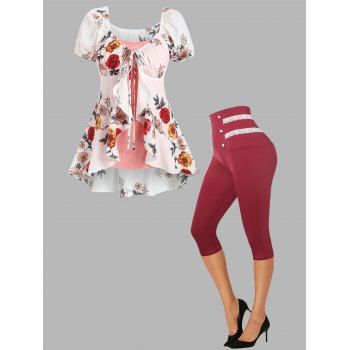 

Ruffled Front Tie Floral Print Slit Blouse Heather Camisole and Lace Panel Sailor Button Capri High Rise Leggings Casual Summer Outfit, Light pink