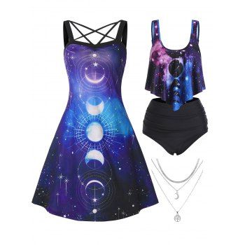 Moon Phase Galaxy Dress Tummy Control Tankini Swimsuit And Layered Tree Moon Pendant Necklace Summer Outfit
