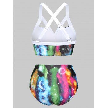 Galaxy Octopus Print Dress Tummy Control Cross Swimsuit And Moon Sun Drop Earrings Outfit