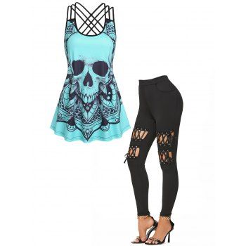 Skull Floral Print Crisscross Strappy Gothic Tank Top Lace Up Cut Out Grommet High Waisted Skinny Leggings Casual Summer Outfit