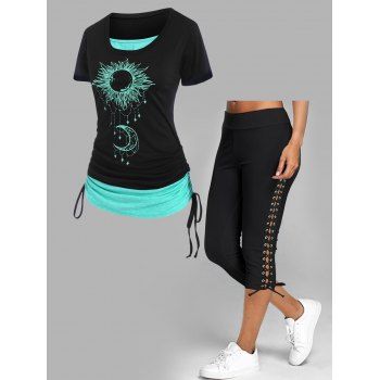 

Contrast Colorblock Celestial Sun Moon Print Cinched T Shirt and Plain Color Lace Up Elastic Waist Capri Leggings Casual Summer Outfit, Multicolor