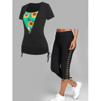 

Surplice Tee Cinched Tie Ruched Sunflower Floral Print Faux Twinset T Shirt and Lace Up Skinny Crop Leggings Casual Summer Outfit, Black