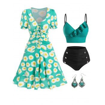 

Daisy Print Cinched Puff Sleeve Vacation Dress Tummy Control Swimsuit And Vintage Earrings Outfit, Green