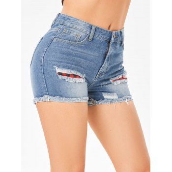 

Ripped Plaid Patchwork Light Wash Denim Shorts, Blue