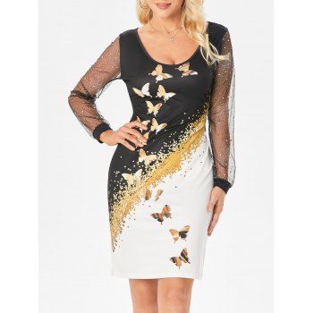 

Contrast Metallic Butterfly Print Mini Dress Sheer Glitter Mesh Long Sleeve Sheath Dress, Black