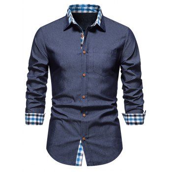 

Trendy Shirt Plaid Insert Turn Down Collar Long Sleeves Pockets Button-up Shirt, Cadetblue