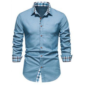 

Trendy Shirt Plaid Insert Turn Down Collar Long Sleeves Pockets Button-up Shirt, Light blue