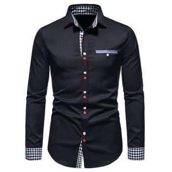 Formal Shirt Mock Pocket Button Plaid Insert Turn Down Collar Long Sleeves Button-up Shirt