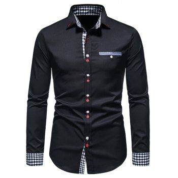 

Formal Shirt Mock Pocket Button Plaid Insert Turn Down Collar Long Sleeves Button-up Shirt, Black