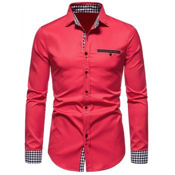 

Formal Shirt Mock Pocket Button Plaid Insert Turn Down Collar Long Sleeves Button-up Shirt, Red