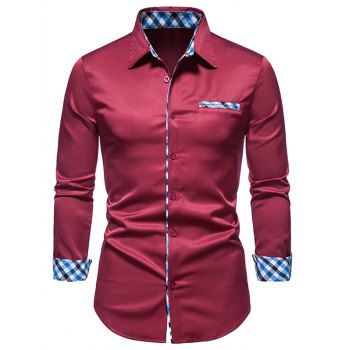 

Formal Shirt Plaid Insert Turn Down Collar Mock Pockets Long Sleeves Button-up Shirt, Red wine