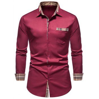 

Plaid Casual Business Shirt Pocket Patch Long Sleeve Button Up Formal Shirt, Red wine