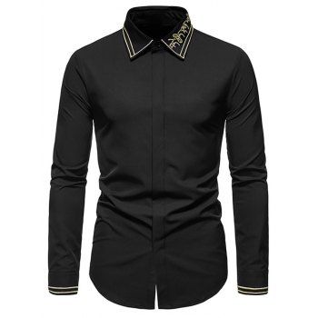 

Contrast Letter Stripe Embroidery Shirt Long Sleeve Hidden Button Casual Business Shirt, Black