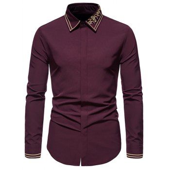 

Contrast Letter Stripe Embroidery Shirt Long Sleeve Hidden Button Casual Business Shirt, Red wine